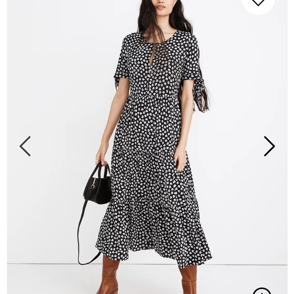Tie-Sleeve Tiered Midi Dress in Woodcut Flowers